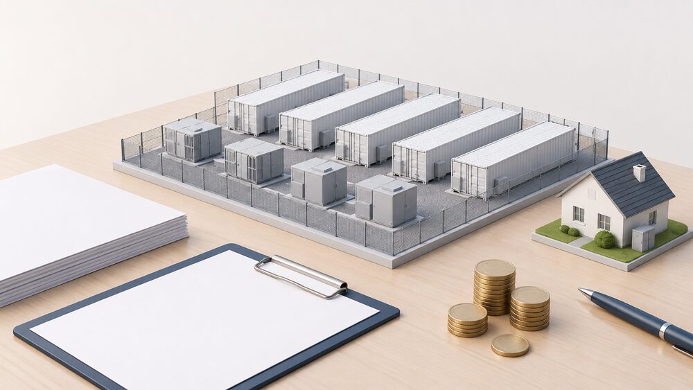 A small model of a grid-scale battery site made of plain container-like units with transformer boxes, standing on a desk beside blank paperwork, a clipboard and a few coins, with a tiny model house at the edge showing the small domestic battery's place beside it.