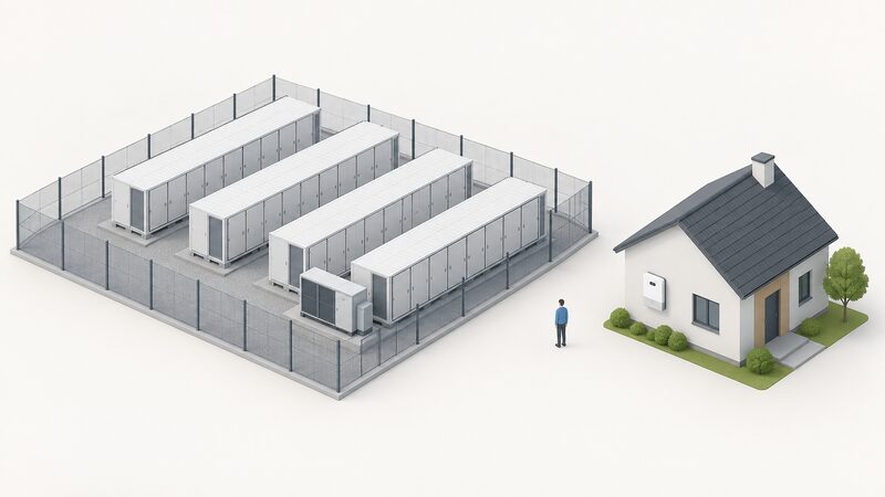 A side-by-side scale comparison showing a large containerised grid-scale battery compound with fenced rows of cabinets and an inverter beside it, next to a small house with a single wall-mounted home battery unit on its outside wall, with a simplified human figure between them for scale.