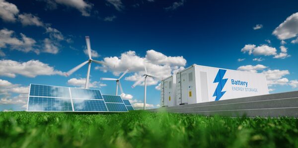 A 3D render of a grid-scale battery energy storage unit beside solar panels and wind turbines on grass under a blue sky
