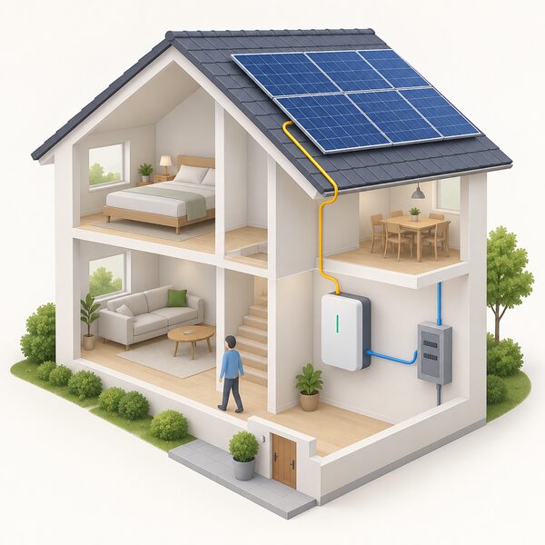 A wall-mounted home battery unit inside a house, connected by cable to rooftop solar panels and to household wiring, storing solar electricity for later use.
