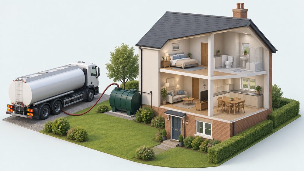 A cutaway view of an off-grid home with a domestic heating oil tank standing outside on the garden side, connected by a fuel line into the house, while a road tanker parked nearby delivers oil through a hose to the tank's fill point.