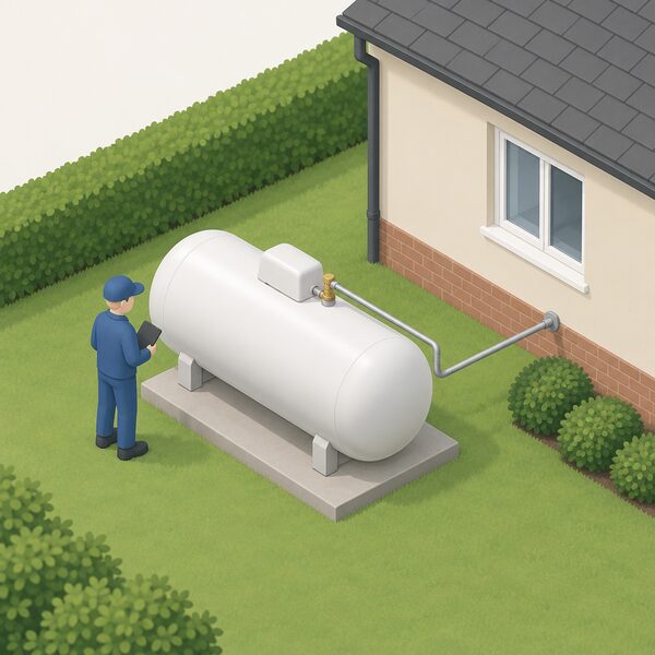 A white cylindrical fixed bulk LPG pressure vessel standing on a concrete base in a garden beside a house, with a small isometric figure inspecting it and a pipe running from the vessel towards the house wall.