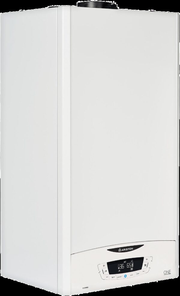 A white Ariston E-Combi ONE LPG wall-mounted combi gas boiler with a digital control panel