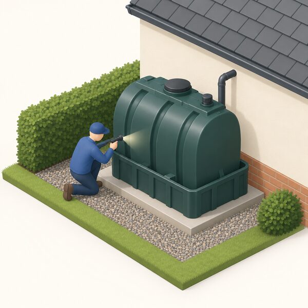 A small isometric figure inspecting a plastic domestic heating oil storage tank in good condition, kneeling beside it and checking the tank body, fittings and bund with a torch, on a base outdoors beside a house wall.