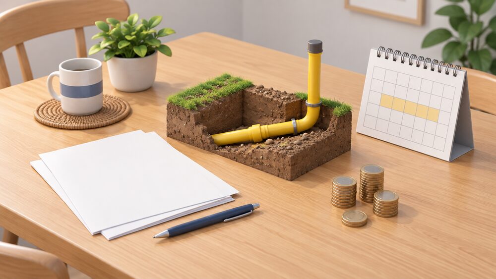 A kitchen table with blank quotation paperwork, a small pile of coins, a wall calendar and a small model of a yellow gas service pipe rising from a dug trench in a patch of earth, representing a household weighing the cost of a new gas connection.