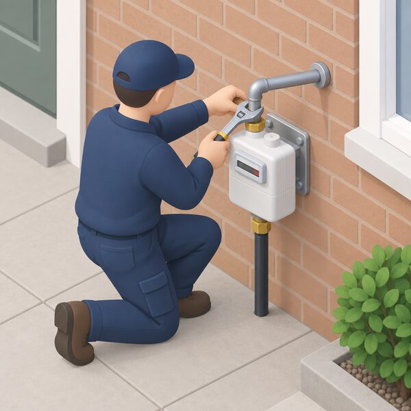 A gas engineer in plain work clothes refitting a domestic gas meter on an outside wall, tightening the connection between the meter outlet and the reconnected outlet pipework that runs toward the building, with the inlet service pipe entering the meter from below.
