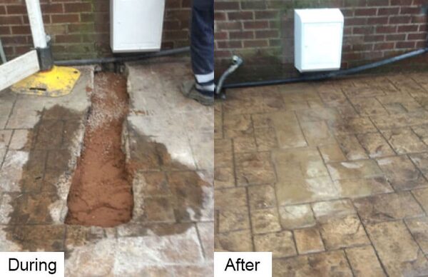 Before-and-after photos of a block-paved driveway with a dug trench for gas pipe work, filled and reinstated, next to a white gas meter box on a brick wall