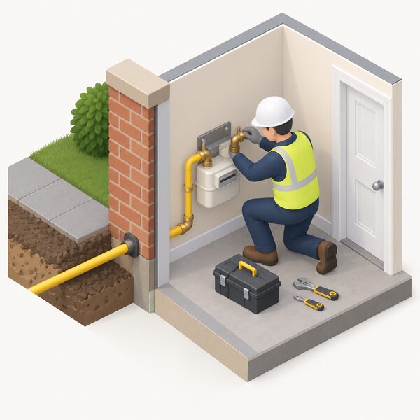 A supplier's installer fitting a domestic gas meter on the supply pipe just inside a property's boundary wall, with the network's pipe entering from outside and the meter installation underway indoors.