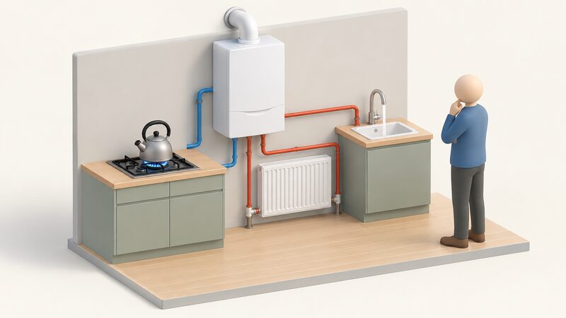 A demonstration rig showing a domestic hydrogen boiler connected to a radiator and hot water tap beside a hydrogen hob with a flame under a kettle, with a simplified figure standing by observing the safe operation of the appliances.