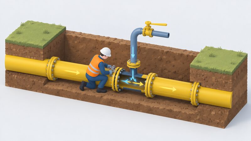 An isometric engineer in plain clothing working at an open joint on an existing underground gas distribution pipe, with a small blending injection connection branching into the same pipe, showing the blend entering gas already flowing through the network rather than a new pipe being laid.