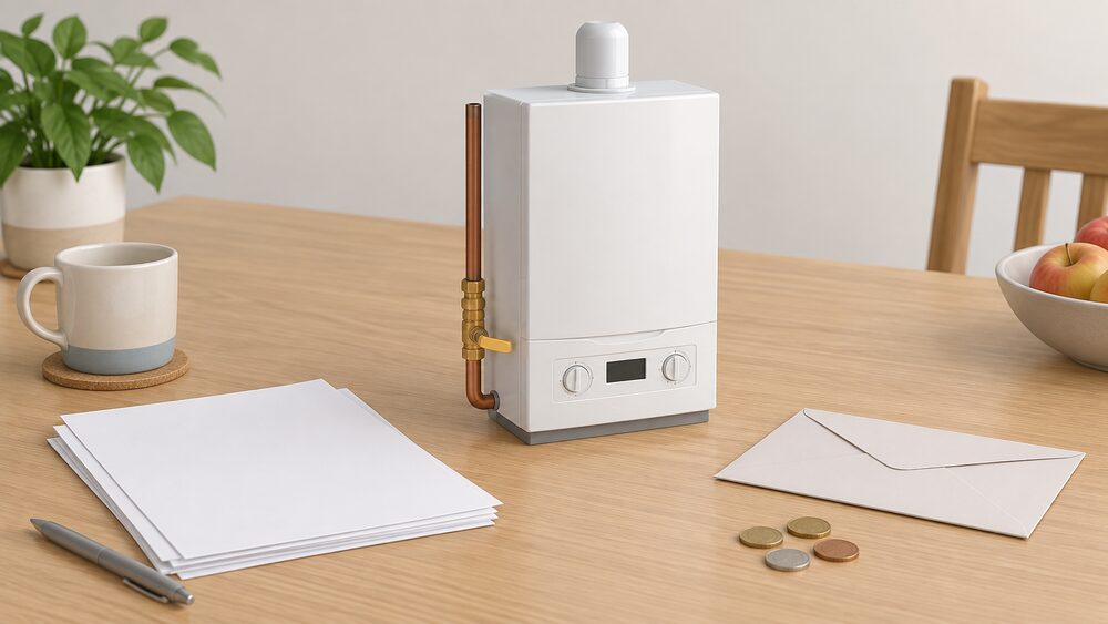 A small model of a conventional domestic gas boiler sits on a kitchen table beside blank paperwork, a plain envelope and a few coins, with a short length of plain gas pipe running into the model, suggesting a household whose heating and supplier stay unchanged.