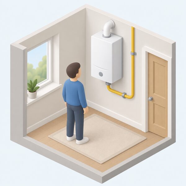 A cutaway domestic scene showing a wall-mounted gas boiler connected by a supply pipe to the household gas supply, with a simplified figure standing nearby, illustrating the appliance that a grid-level blended gas would feed without any household choice.
