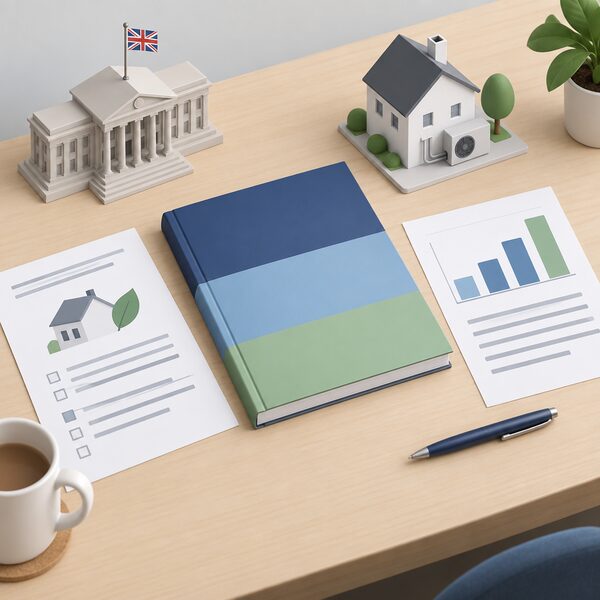 A closed government strategy document lying on a plain desk, its cover carrying only plain colour bands, beside a printed consultation sheet and a simple bar chart sheet, all shown as physical objects with no readable words or numbers.