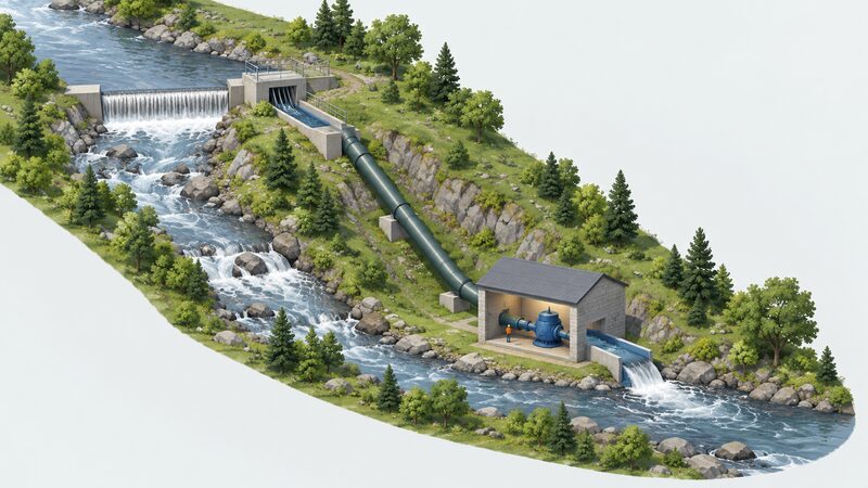 A cutaway diagram of a small run-of-river hydro scheme on a hillside river, showing a weir diverting water into an intake, a steeply sloping penstock pipe running down to a small turbine house, and a tailrace returning water to the river downstream.