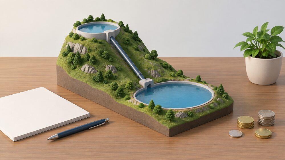 A small tabletop arrangement showing a model of a pumped storage scheme — an upper reservoir on a raised mound, a lower reservoir below, and a sloping pipe between them — standing beside blank paperwork, a pen and a few coins on a wooden table.