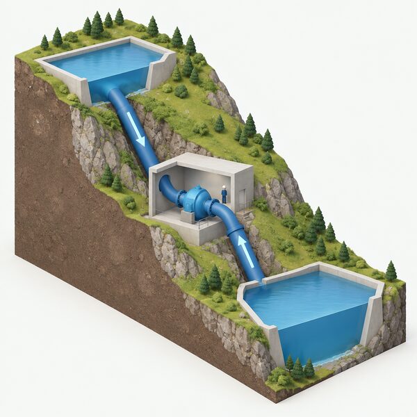 A cutaway hillside scene showing an upper reservoir high on a slope and a lower reservoir in the valley below, with a machine hall between them containing a reversible pump-turbine connected by large pipes, one arrow showing water falling downhill through the turbine and another showing it being pumped back uphill.