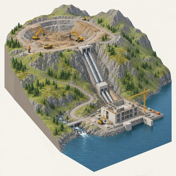 A large pumped storage hydro scheme under construction in a Highland glen, with an isometric construction worker overseeing excavators digging the upper reservoir basin and a partly built concrete powerhouse at the loch shore below.