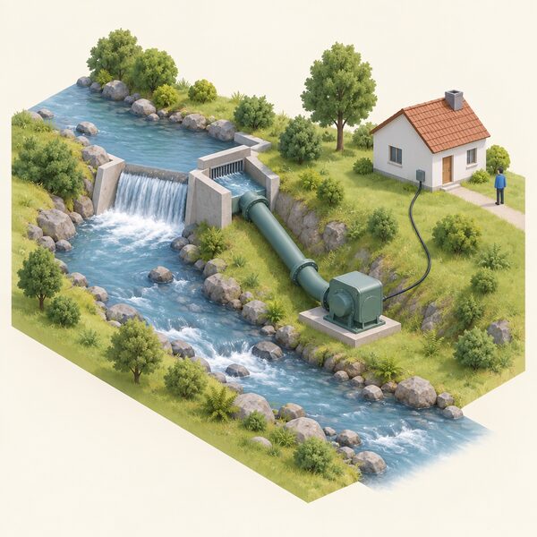 A small stream running over a low intake weir that diverts part of the flow through a penstock pipe down to a compact turbine housing on the bank, with the remaining water continuing along the natural watercourse past the installation and a cable running from the turbine toward a small house.