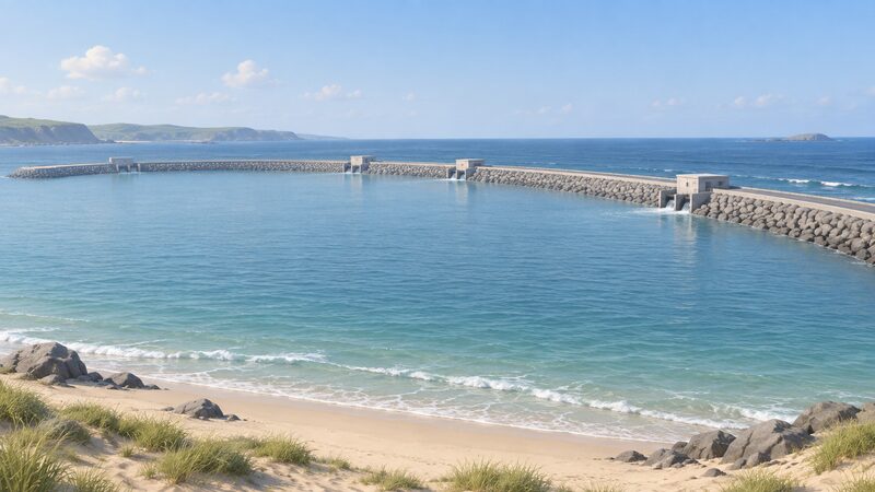 A view from a sandy shore across calm sea towards a long curved rock breakwater enclosing a tidal lagoon, with low turbine housing structures set into the wall and seawater passing through sluice openings, drawn as a simple coastal landscape scene.