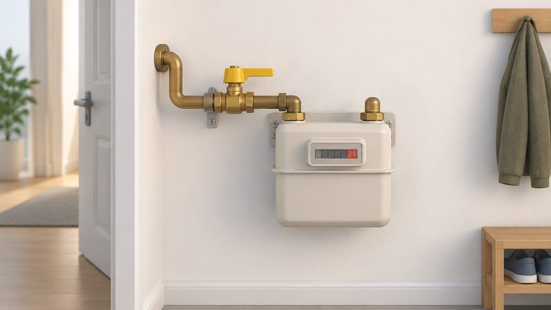 A domestic gas meter on an inside wall with the emergency control valve mounted on the inlet pipe just before the meter, showing the valve as the upstream point where the network's pipework ends and the meter begins.