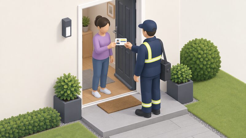 At an open front door, a householder holds and looks at the ID card offered by a visiting gas network engineer standing on the doorstep, checking the card before letting them in.