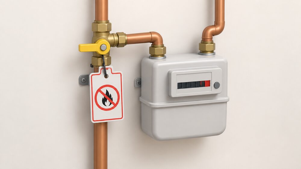 A close-up of a domestic gas meter on an internal wall with its emergency control valve beside it, the valve handle turned to the off position, and a warning label attached, with no other equipment in view.
