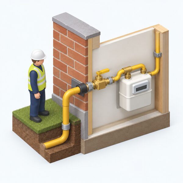 A cutaway exterior wall view at a UK home's gas entry point showing the Emergency Control Valve on the inlet pipe just before the gas meter, with a small isometric engineer figure standing beside it, the valve marking the boundary between the network's pipe and the household's meter and internal pipework.
