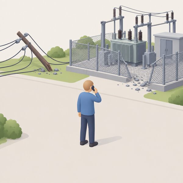 A simplified figure stands outdoors at a safe distance from a damaged electricity substation fence, holding a mobile phone to their ear while making a free emergency call to report the power cut, with fallen power lines visible behind them.