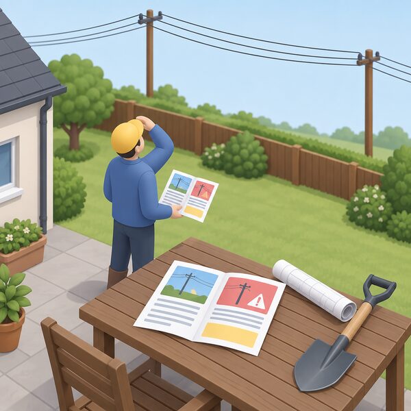 A printed safety leaflet lying open on a garden table beside a spade and a rolled site plan, with a small isometric figure reading it while looking up towards overhead power lines crossing the garden boundary.