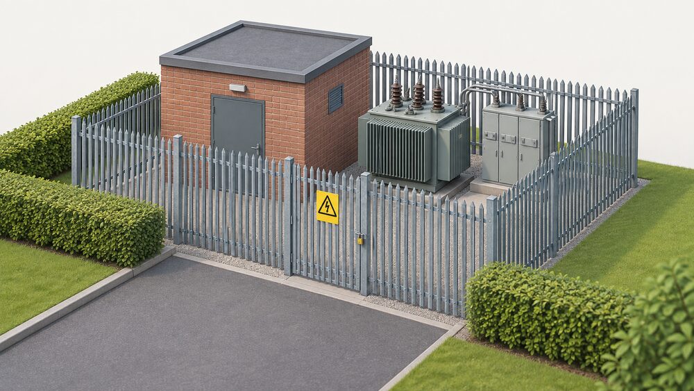 A small brick-built electricity substation behind a metal palisade fence with a closed, padlocked gate, a yellow and black danger sign on the door, and the transformer and switchgear visible inside the compound, with a garden hedge and driveway edge beyond the fence.