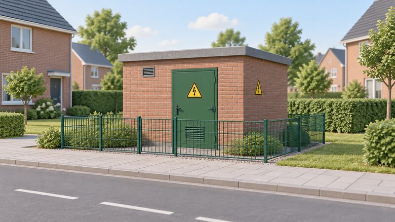 A small brick distribution substation with a green metal door and yellow-and-black danger signs, standing behind a low fence at the edge of a residential street with houses and pavement nearby.