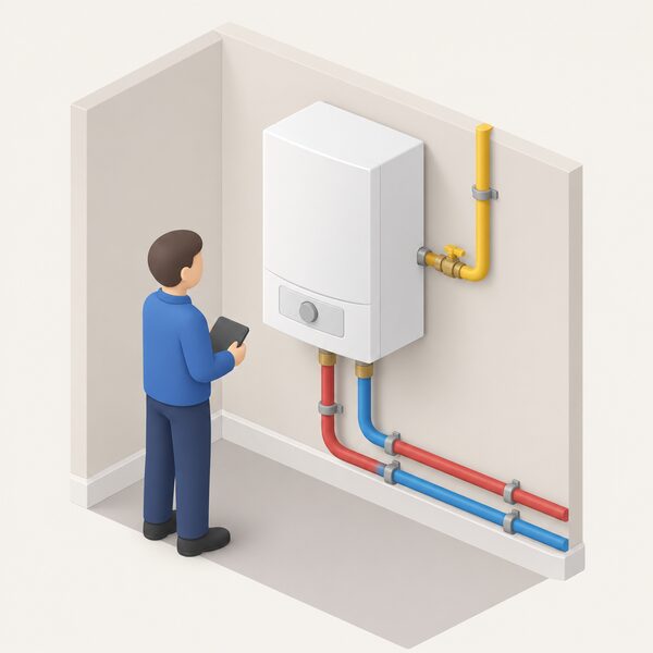A wall-mounted gas boiler inside a home, connected to incoming gas pipework and flow and return heating pipes, with a small isometric figure standing beside it as if inspecting the appliance where piped gas is finally burned.