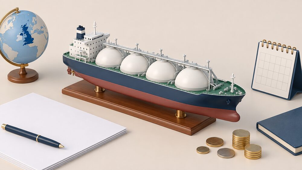 A small model of an LNG carrier ship with its rounded domed tanks sits on a desk beside blank paperwork, a few coins and a small calendar, suggesting a cargo being bought and shipped to Britain.