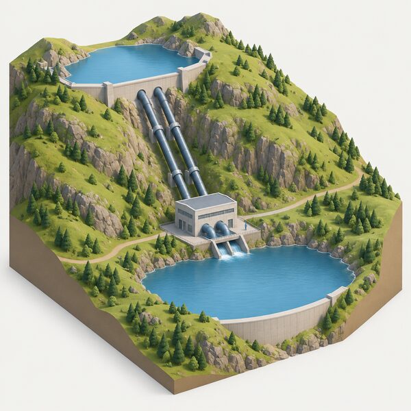 A cutaway isometric view of a pumped storage hydro scheme in hilly countryside, showing a high upper reservoir among hills, a lower reservoir in the valley, a powerhouse between them connected by steep penstock pipes, with a small simplified figure at the powerhouse.