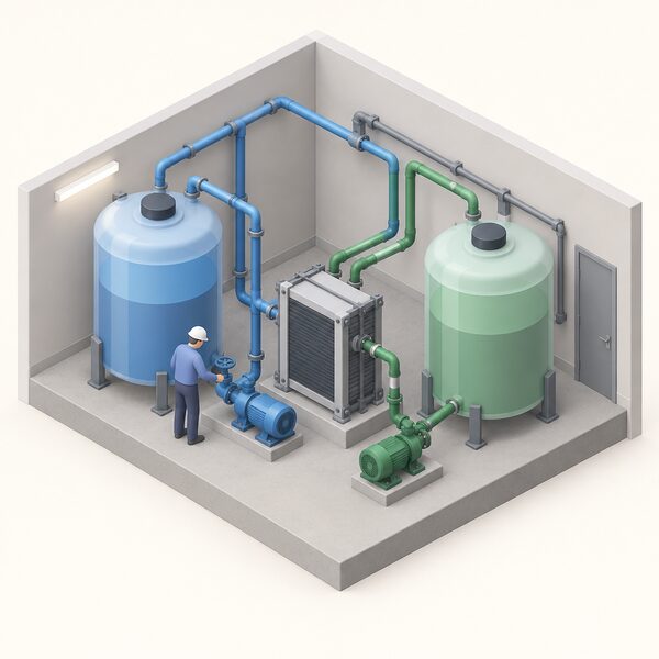 A simplified isometric view of a flow battery installation: two large storage tanks joined by pipework running through pumps to a stack cell unit, with a small plain-clothed figure inspecting a valve, set on a concrete plinth in a simple plant room.
