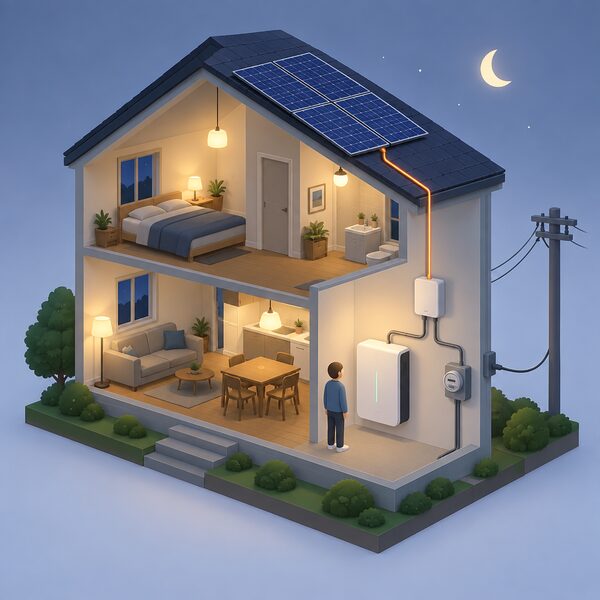 A cutaway indoor wall of a home at night showing a domestic battery mounted on the wall, connected by cable to a rooftop solar installation, with a small isometric figure beside it, the battery supplying the home's lighting while surplus daytime solar energy is stored.