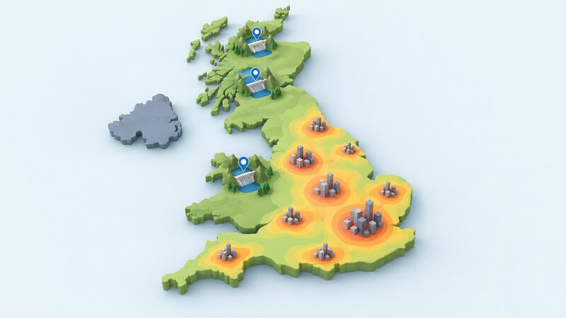 A simplified map of Great Britain with plain colour regions marking pumped hydro storage sites in the Scottish Highlands and north Wales, contrasted with shaded clusters around major English cities showing where electricity demand is concentrated.