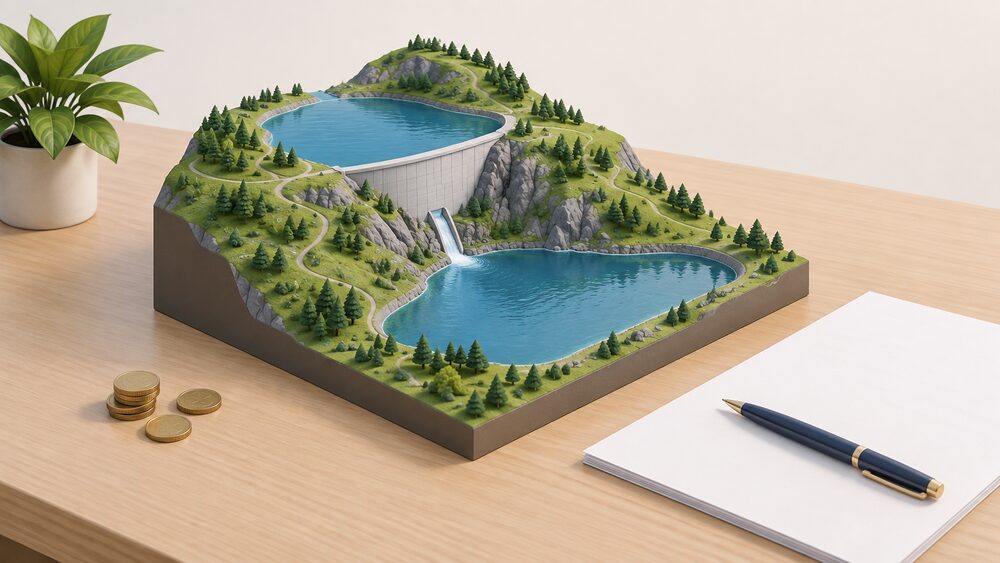A small model of a pumped storage hydro scheme — an upper reservoir behind a dam wall above a lower one — sits on a desk beside blank paperwork, a pen and a few coins, suggesting the cap and floor funding support for long-duration storage projects.