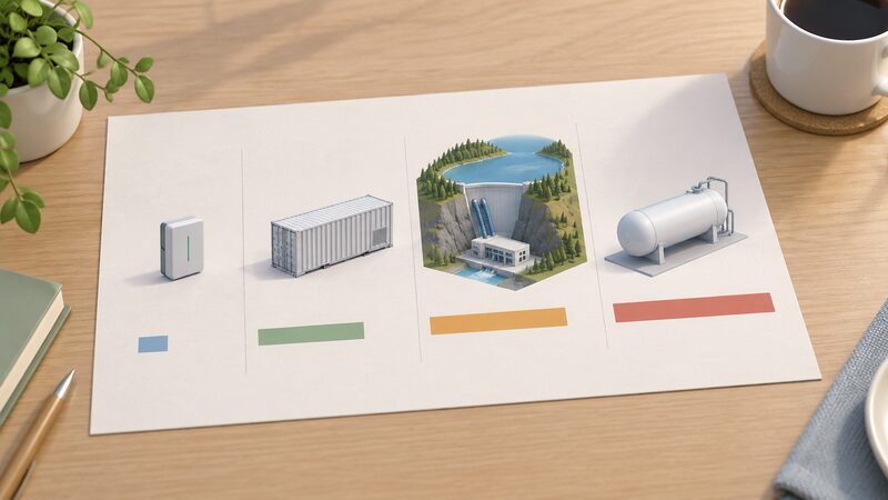 A printed comparison chart shown as a physical sheet on a table, with a row of simple icons from a small domestic battery through a grid-scale battery container and a pumped hydro reservoir to a hydrogen storage tank, each above a plain colour bar that grows steadily longer to show increasing storage duration.