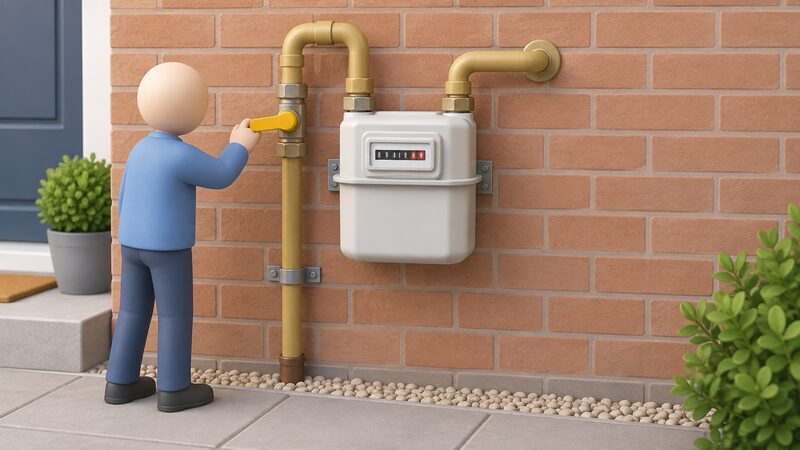 A close-up view of a domestic gas meter installation on an outside wall, with the emergency control handle on the inlet pipe turned at 90 degrees to the pipe to show the supply isolated, a small simplified figure's hand on the handle.