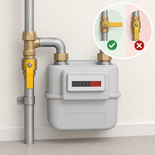 A close-up view of a domestic gas meter with its emergency control handle turned 90 degrees to the off position, drawn as a simple physical installation with the pipework entering the meter and the quarter-turned handle clearly visible.