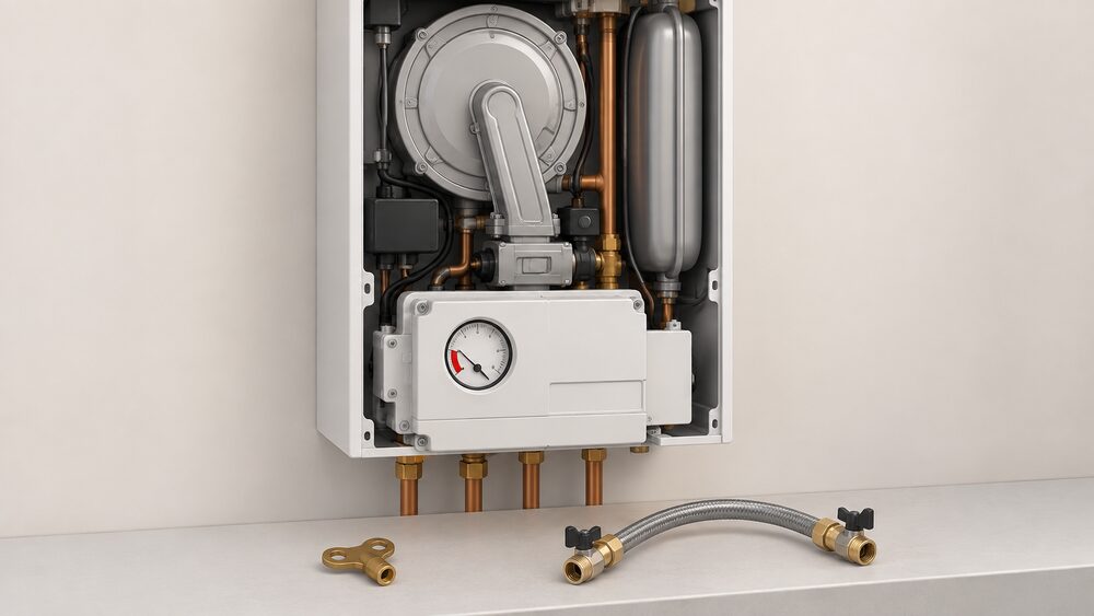 A wall-mounted gas boiler close up with its front cover removed, showing the round pressure gauge with its needle below the low mark, a radiator bleed key and a filling loop hose resting nearby.