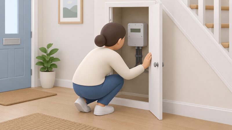 A householder crouches at an open hallway cupboard, leaning in to read a wall-mounted electricity meter, one hand steadying themselves on the cupboard frame while they peer at the meter display, which is shown as a plain blank panel with no readable figures.