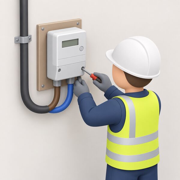 A domestic electricity meter mounted on an interior wall near the incoming supply cable, with a simplified figure of a meter installer working on it, showing the meter as the supplier-owned unit that gets moved.