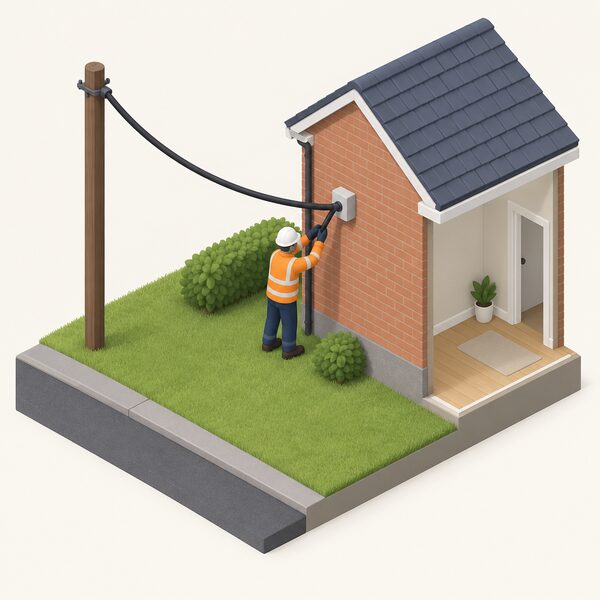 A thick supply cable running from a network pole or underground duct across the outside of a house wall to the entry point where it passes into the brickwork, with a small isometric figure of a network operative working on the cable outside, the meter position inside remaining untouched.