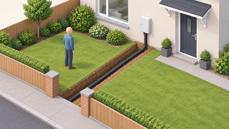An open trench on the householder's own land runs from the property boundary to the outside wall, where a black ducting tube emerges from the trench and rises into a new external electricity meter box mounted on the wall.