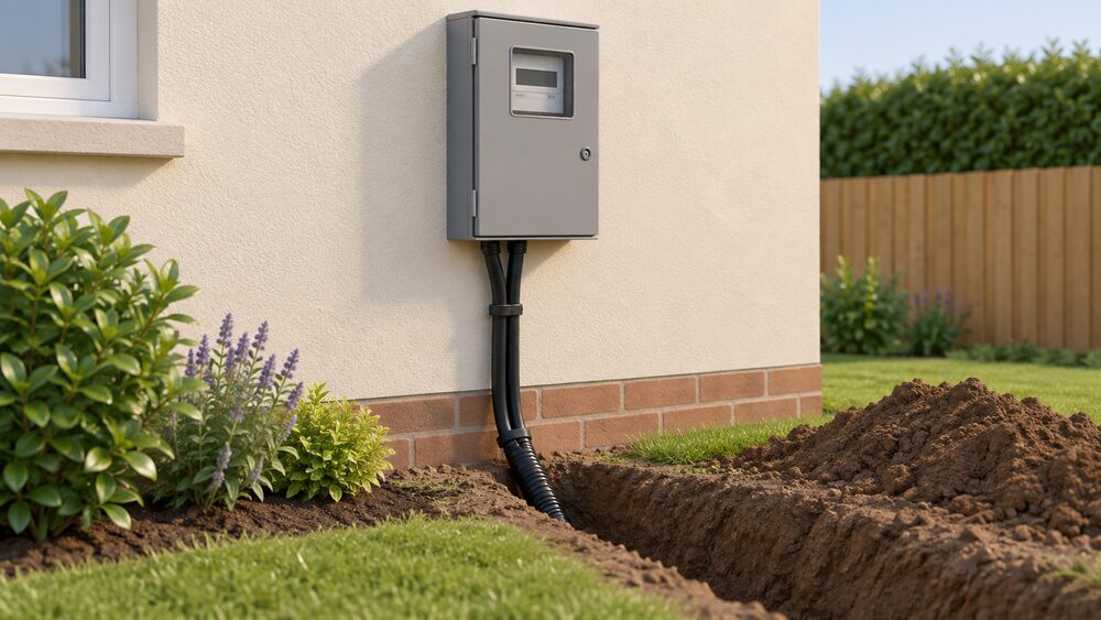 A close-up of a new grey electricity meter box mounted on the outside wall of a house, with black ducting tubing running down from it into the ground beside a freshly dug trench on the homeowner's land.
