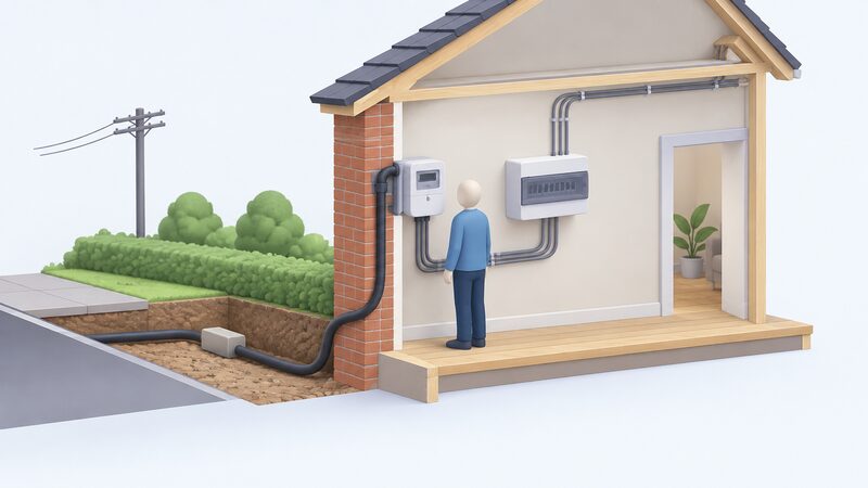 A cutaway view of a home's incoming electricity supply showing the meter on the wall where the service cable enters, with the consumer unit on the household side and the grid supply cable continuing beyond, a simplified figure standing between them at the boundary.