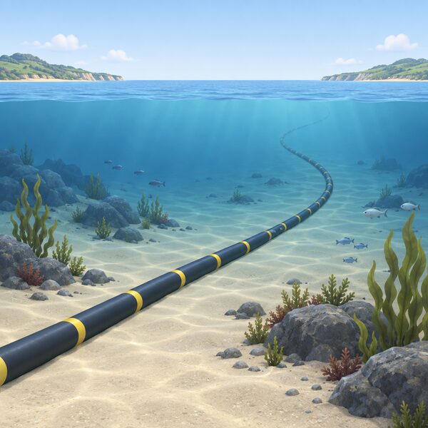 A cutaway underwater scene showing a thick subsea interconnector cable lying on a gently undulating sandy seabed, running in a long curve from a distant shoreline on one side toward another distant shoreline on the opposite side, with small fish and seaweed around it and no people or land-based equipment.