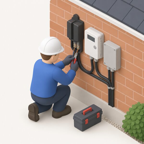 A worker in plain clothing, shown as a simplified isometric figure, kneels beside an external electricity meter and connection box on the wall of a house, using hand tools to join new supply cables into the existing service termination while a cut-out fuse holder and sealed meter sit alongside.
